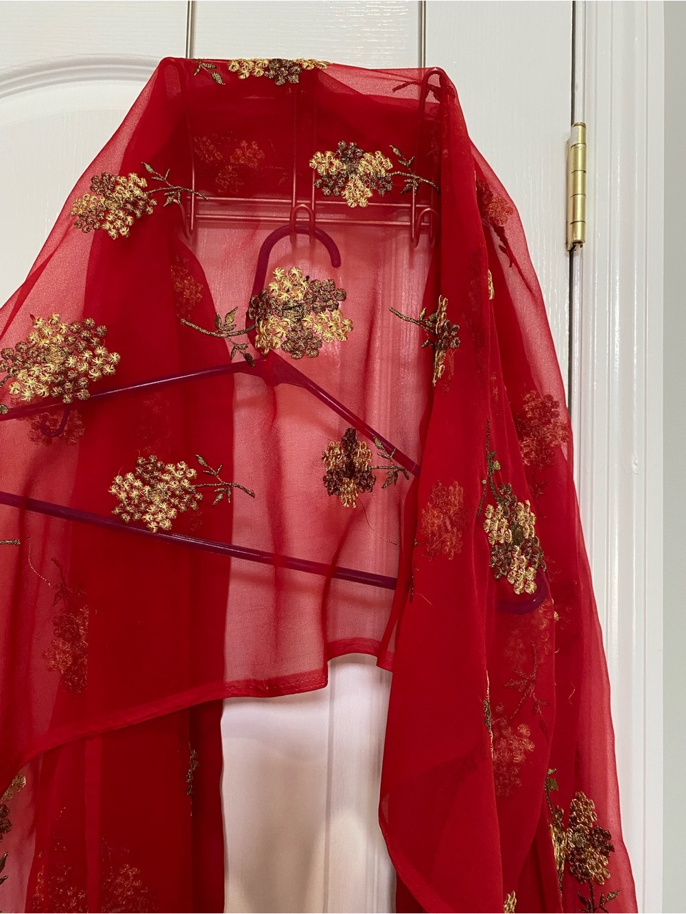 Red Floral Embroidered Sheer Scarf Wrap or dupata - Picture 2 of 8